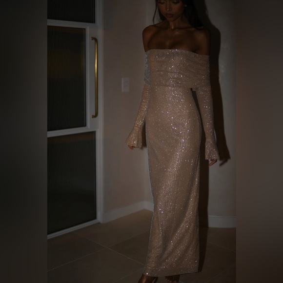 Meshki Marcel Off Shoulder Diamante Maxi Dress- Nude jeweled embellished diamond - Picture 10 of 14